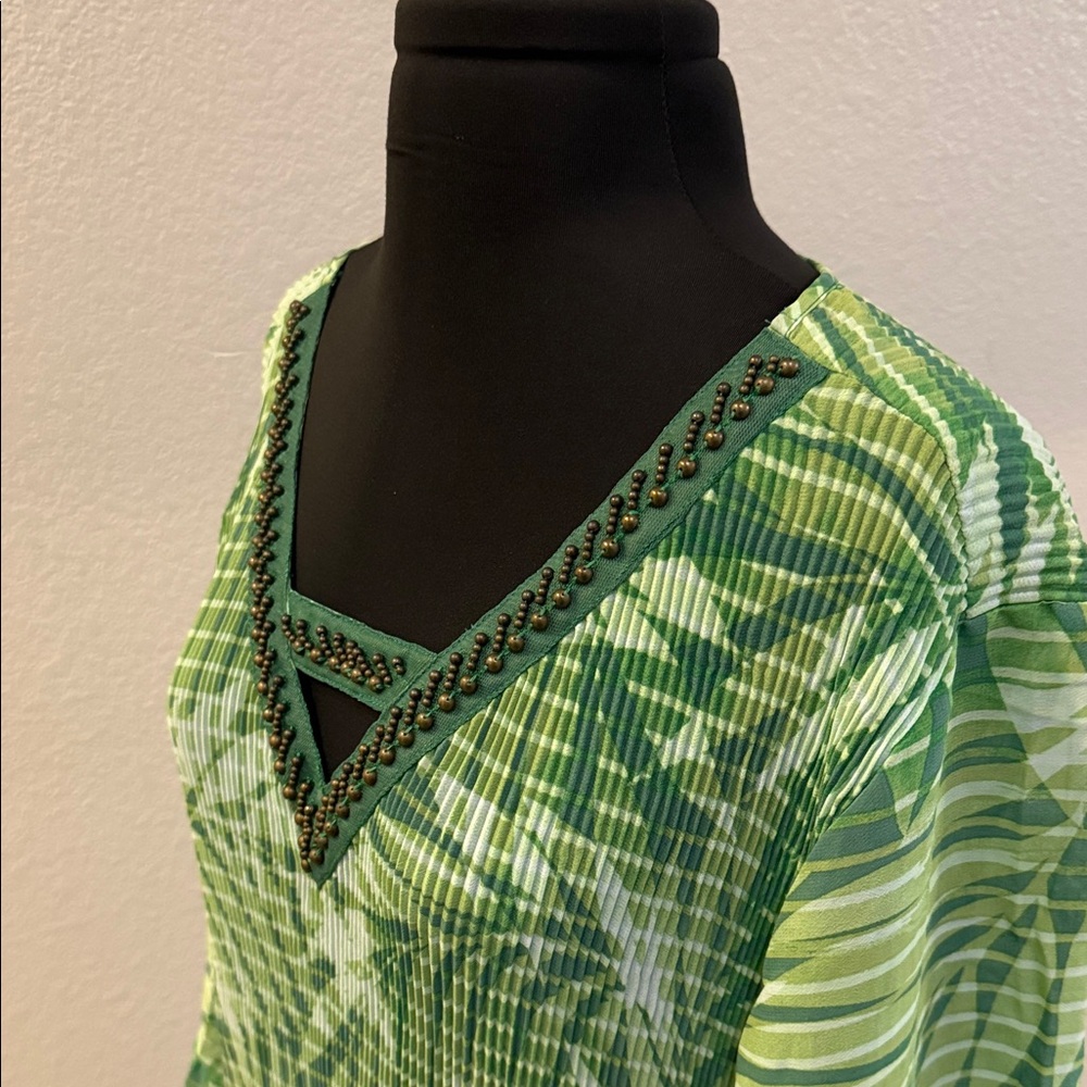 Catherines Green Patterned V-Neck Top with Beaded Trim - Picture 3 of 8
